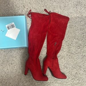 Over the knee faux suede red boots